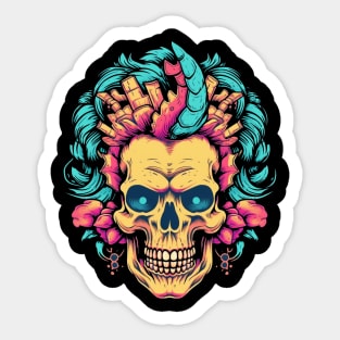 Skull with Flowers and Vaporwave Colors Sticker